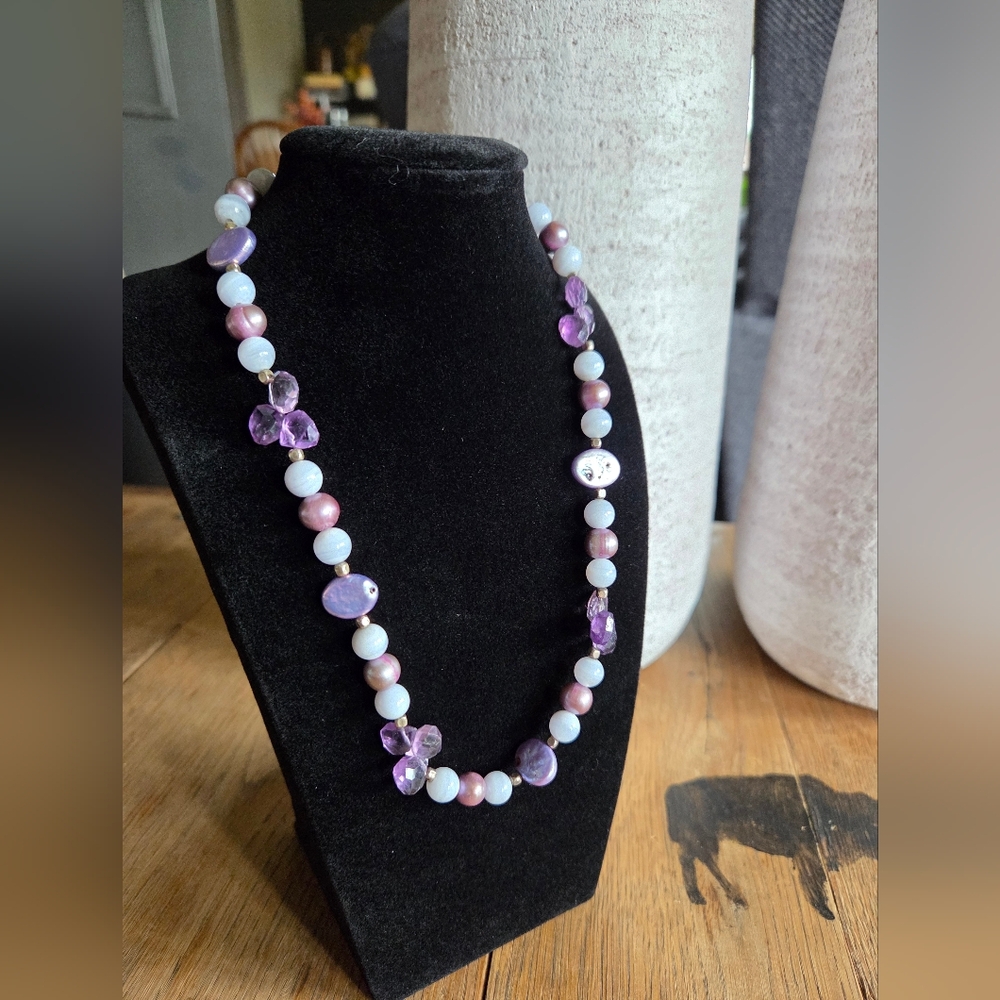 Elegant Purple and White Beaded Necklace